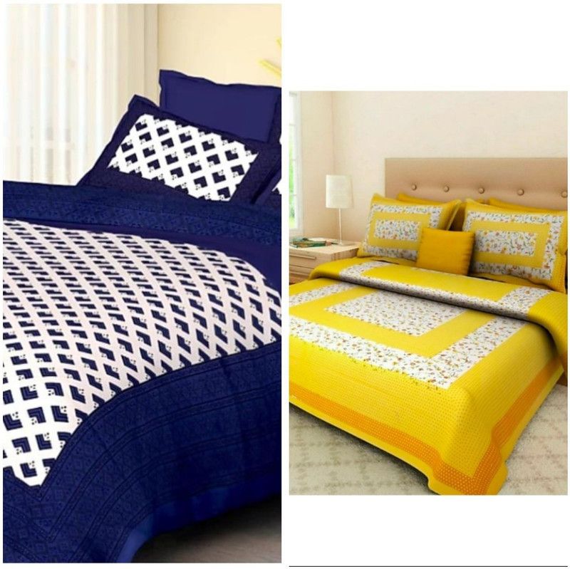 DHAKAD 104 TC Cotton Double Floral Flat Bedsheet  (Pack of 2, Yellow, Blue)