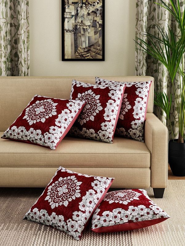 ROMEE Floral Cushions Cover  (Pack of 5, 40 cm*40 cm, Maroon)
