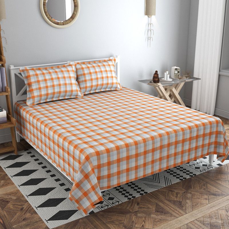 TURIYA 160 TC Microfiber Double Self Design Flat Bedsheet  (Pack of 1, Orange)