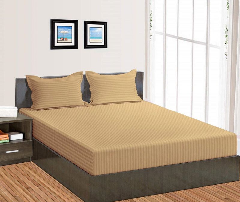 SarahLinen 300 TC Cotton Single Striped Fitted (Elastic) Bedsheet  (Pack of 1, Taupe)