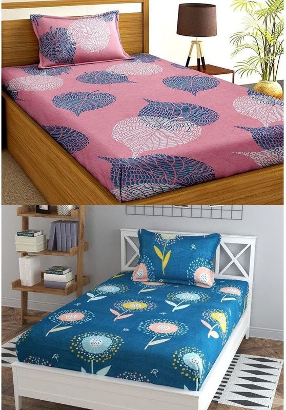 SSH 180 TC Cotton Single, Single Floral Flat Bedsheet  (Pack of 2, Pink, Blue)