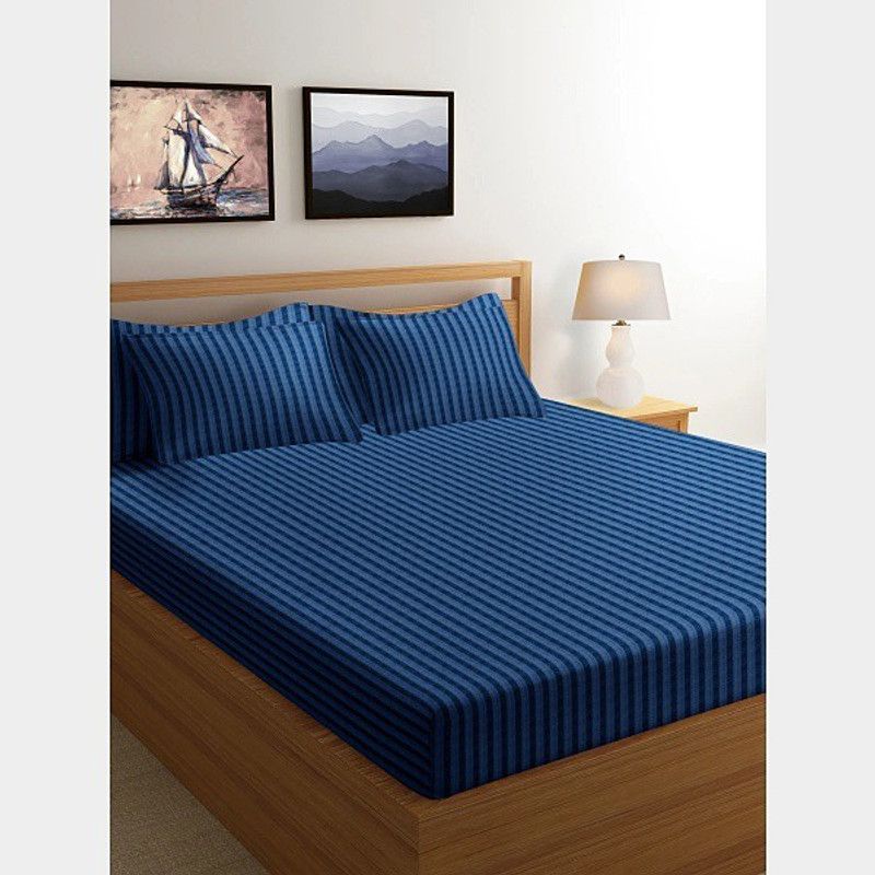 Indieshades 210 TC Cotton King Striped Flat Bedsheet  (Pack of 1, Blue)