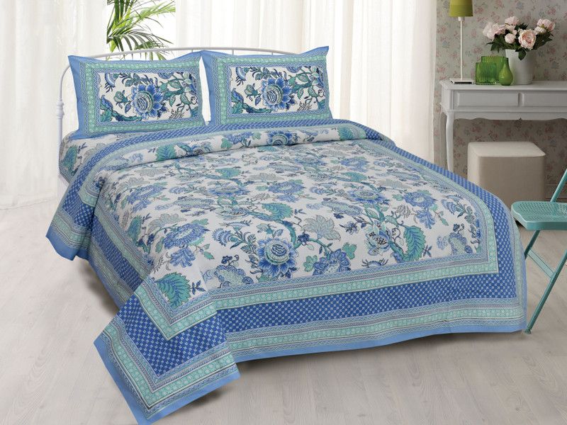 bali 144 TC Cotton Double Printed Flat Bedsheet  (Pack of 1, SKY BLUE)