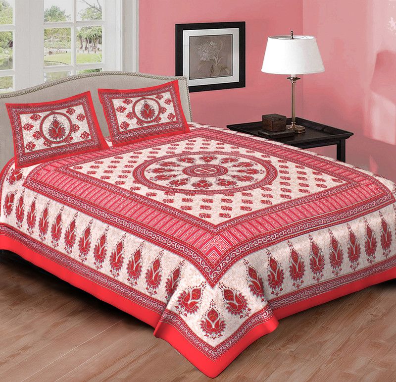 Bombay Bedspreads 151 TC Cotton Double Jaipuri Prints Flat Bedsheet  (Pack of 1, Red)