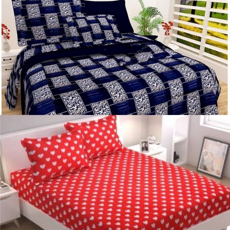 Prosseya 220 TC Polycotton Double 3D Printed Flat Bedsheet  (Pack of 2, Red, Blue)