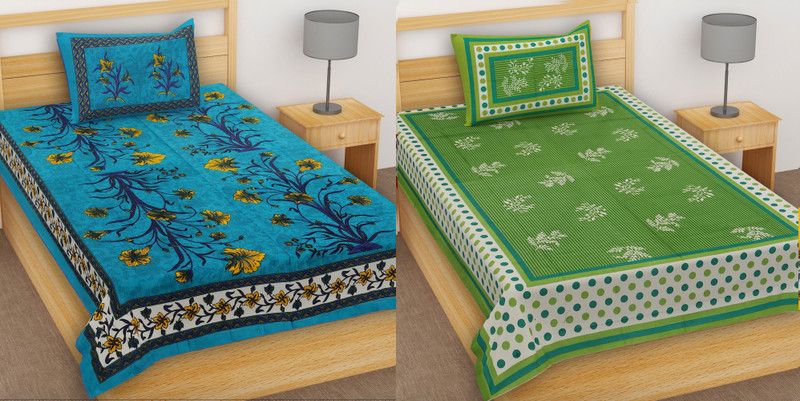 TANIKA - Belives in best quality 152 TC Cotton Single Printed Flat Bedsheet  (Pack of 2, Blue, Green)