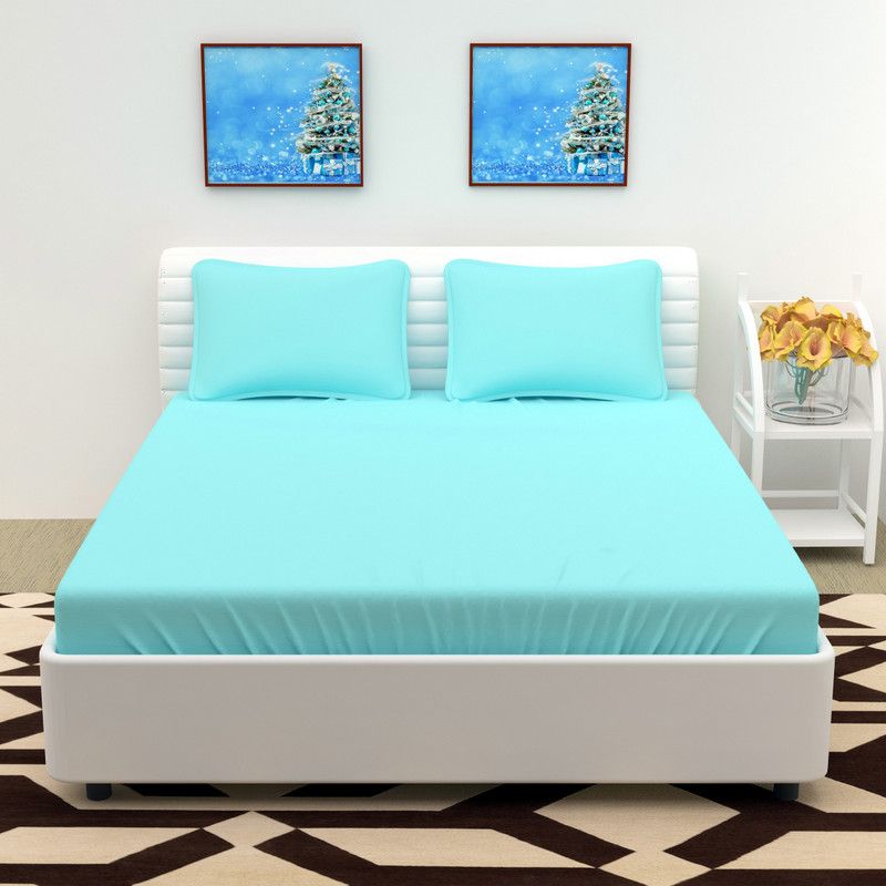 WMK 250 TC Cotton Double Solid Fitted (Elastic) Bedsheet  (Pack of 1, AQUA BLUE PLAIN)
