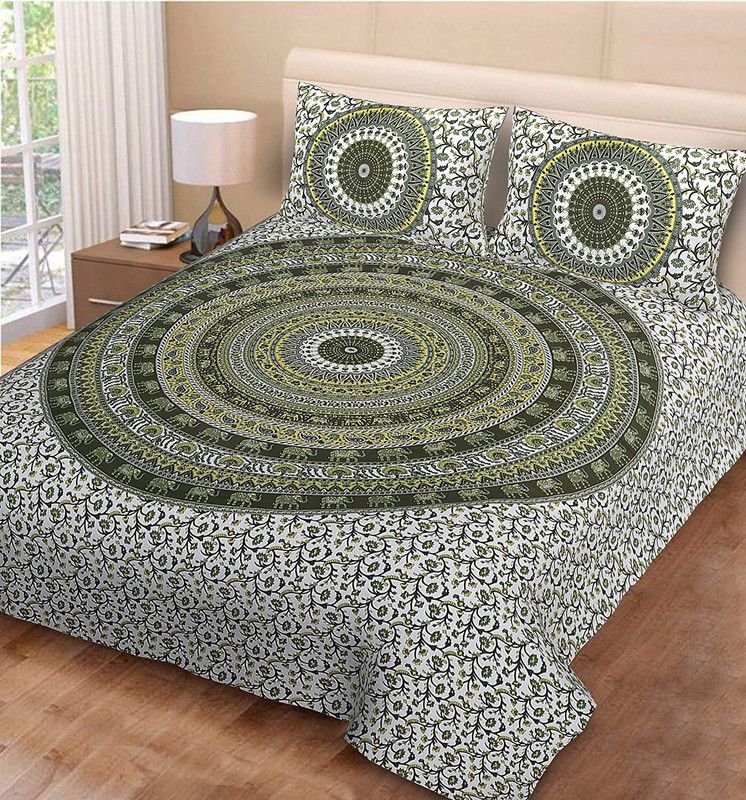 Miyanbazaz 144 TC Cotton Double Floral Flat Bedsheet  (Pack of 1, Green, Multicolor)