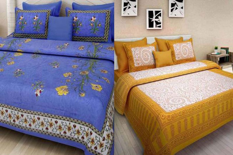 MAMORE 240 TC Cotton Double Jaipuri Prints Flat Bedsheet  (Pack of 6, Dark Blue, Yellow)