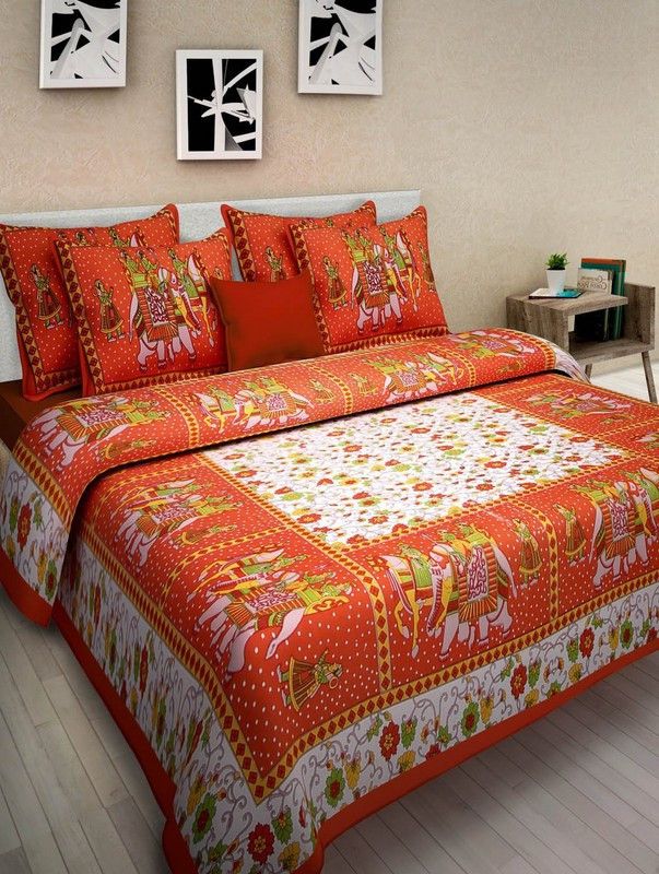 IkBedsheets 280 TC Cotton Double Floral Flat Bedsheet  (Pack of 1, Blue)