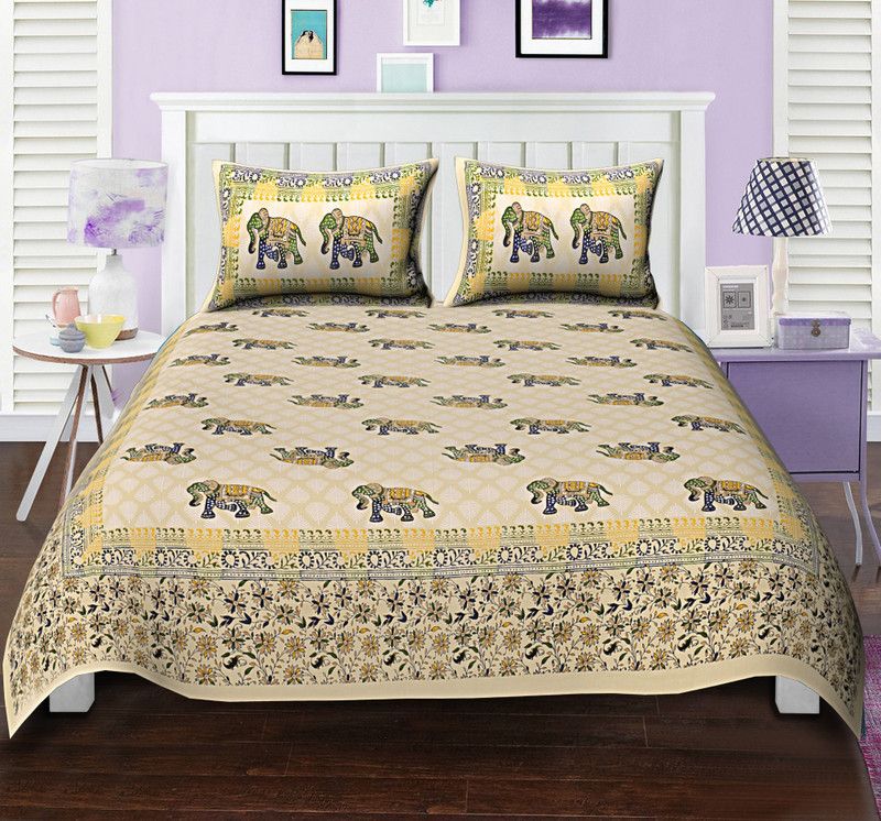 Rangun 144 TC Cotton Double Printed Flat Bedsheet  (Pack of 1, Green)