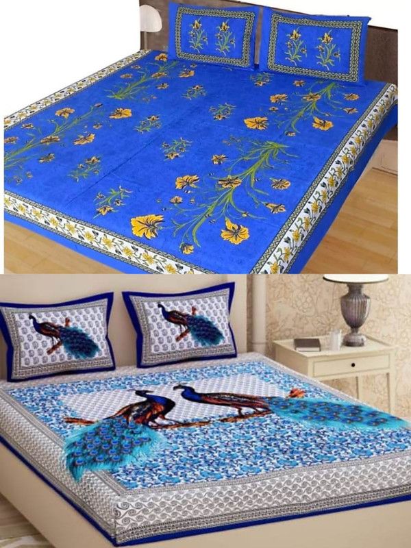 Siya Creation 280 TC Cotton Queen Geometric Flat Bedsheet  (Pack of 2, Blue)