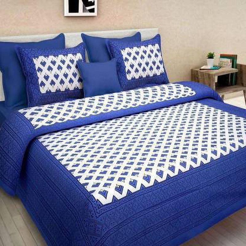 AOUDICHYA 300 TC Cotton Queen Printed Flat Bedsheet  (Pack of 1, Blue, White)