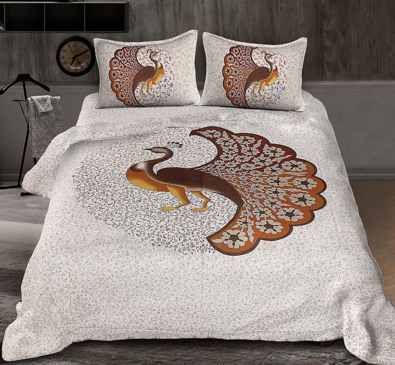 AGASTYA TRADING 220 TC Cotton Double Printed Flat Bedsheet  (Pack of 1, Orange, White)