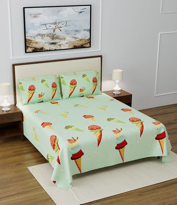 BADOTI 150 TC Microfiber Double Printed Flat Bedsheet  (Pack of 1, Green)