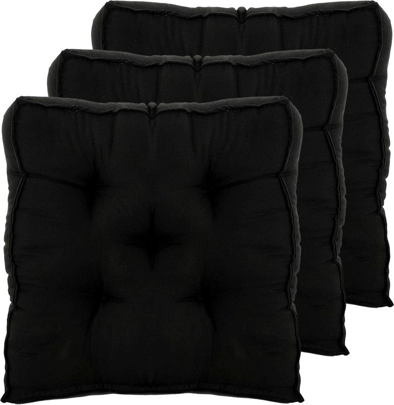 Cotton Solid Chair Pad Pack of 3  (Black)