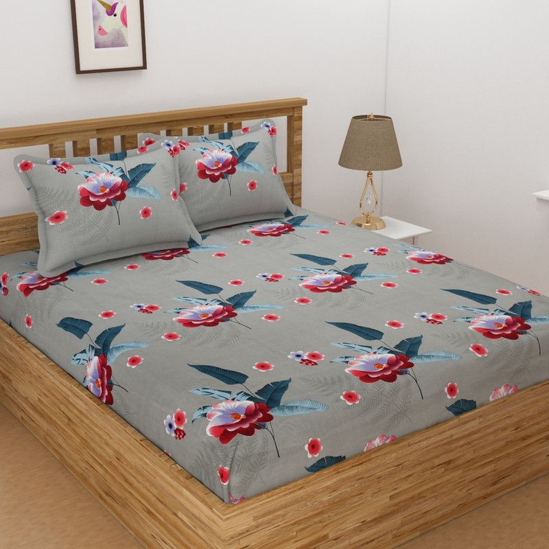 TOPSON 180 TC Polycotton Double Floral Flat Bedsheet  (Pack of 1, Grey, Red)