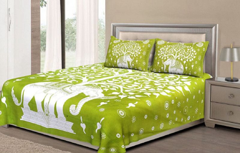 Nanki's 180 TC Cotton Double Printed Flat Bedsheet  (Pack of 1, Green)