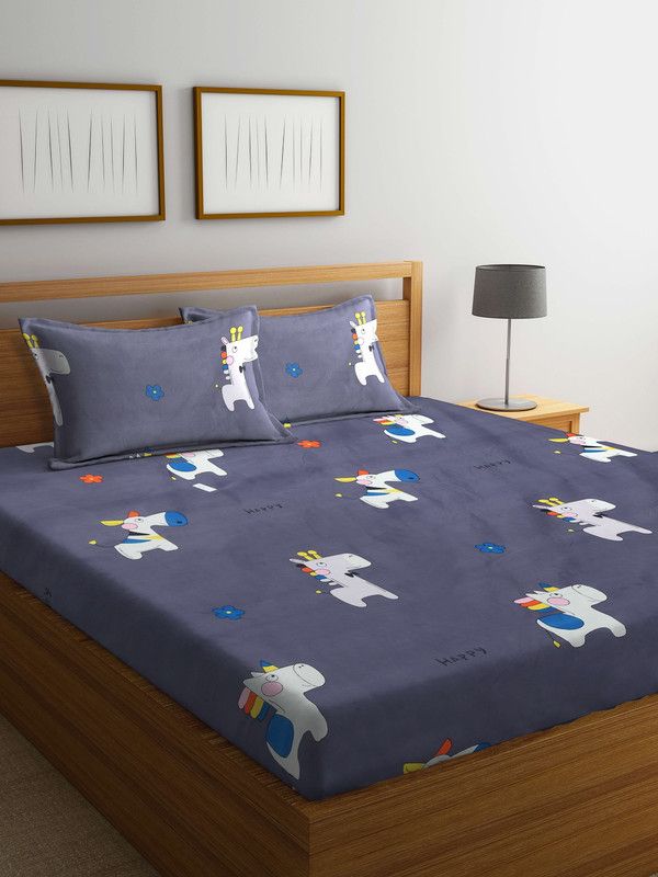 Arrabi 300 TC Polycotton Double Cartoon Flat Bedsheet  (Pack of 1, Grey)
