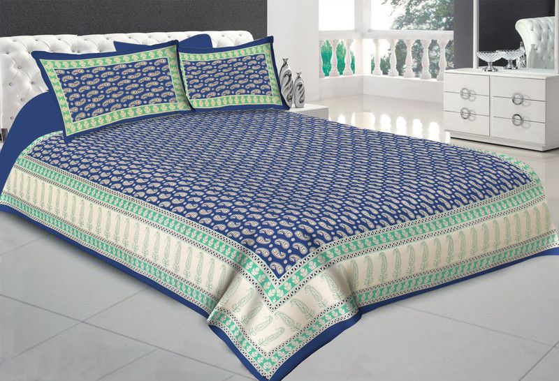 My Pink City 300 TC Cotton Double Motifs Flat Bedsheet  (Pack of 1, Blue)