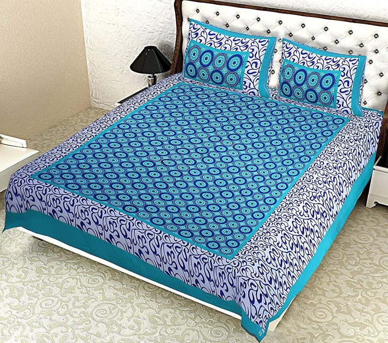vincihub 300 TC Cotton Queen Printed Flat Bedsheet  (Pack of 1, Blue)