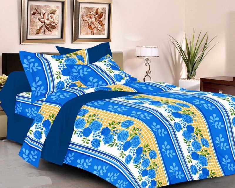 Lectus 150 TC Cotton Queen Floral Flat Bedsheet  (Pack of 1, Blue)