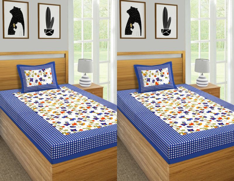 180 TC Cotton Single Jaipuri Prints Bedsheet  (Pack of 2, Blue)