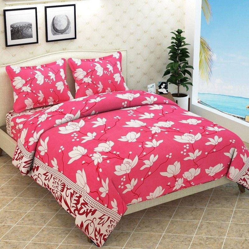 TRILOKI TRADING CO 144 TC Polycotton Double Floral Flat Bedsheet  (Pack of 1, Pink)