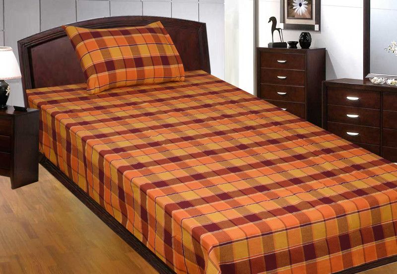 New Ladies Zone 400 TC Cotton Single Checkered Flat Bedsheet  (Pack of 1, Orange)