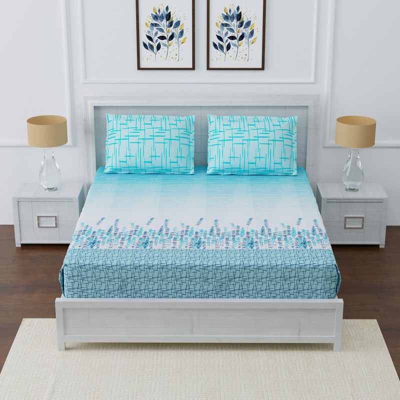 ACHIR 180 TC Cotton Single Floral Fitted (Elastic) Bedsheet  (Pack of 1, Sky Blue, White)