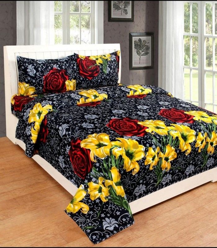 SKHD 180 TC Polycotton Double Floral Flat Bedsheet  (Pack of 1, Black)