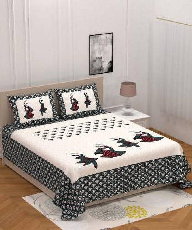 ABHISHEK FASHION 144 TC Cotton Double Jaipuri Prints Flat Bedsheet  (Pack of 1, Grey, Multicolor)