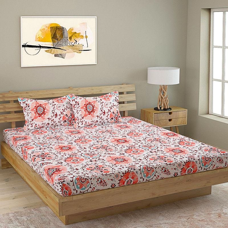 ROMEE 180 TC Cotton King Floral Flat Bedsheet  (Pack of 1, Off White and Maroon)