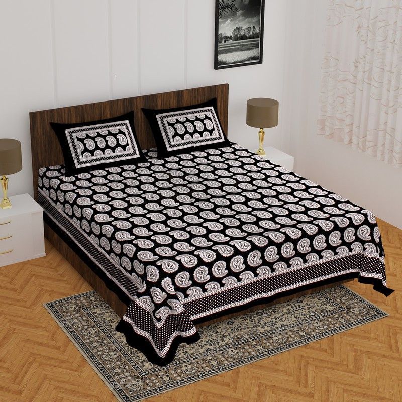RAWAKA FASHION 260 TC Cotton Double Printed Flat Bedsheet  (Pack of 1, Black)