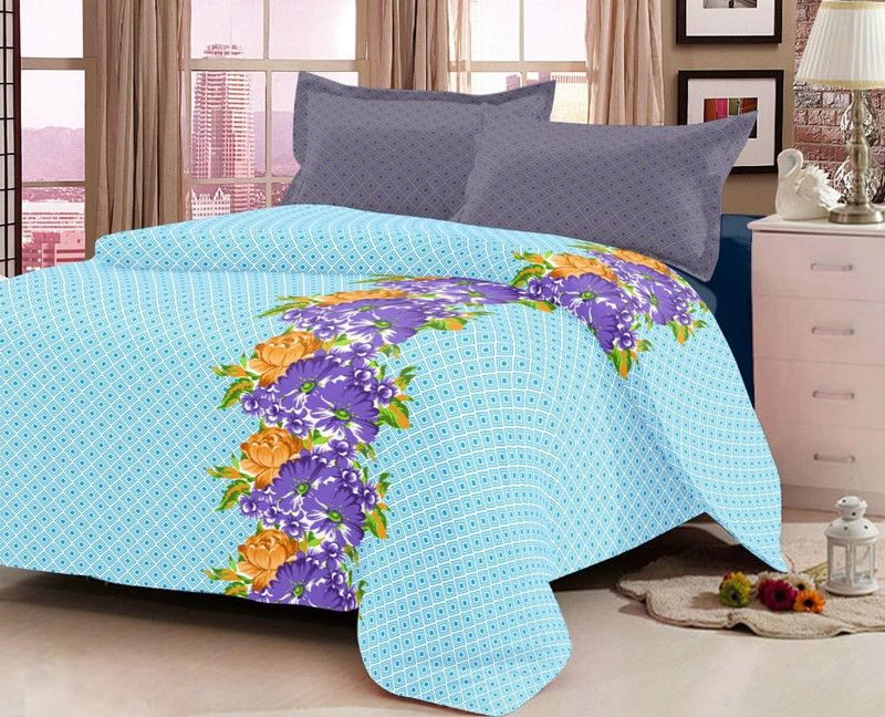 SARANVI 120 TC Cotton Double Floral Flat Bedsheet  (Pack of 1, ICE BLUE)