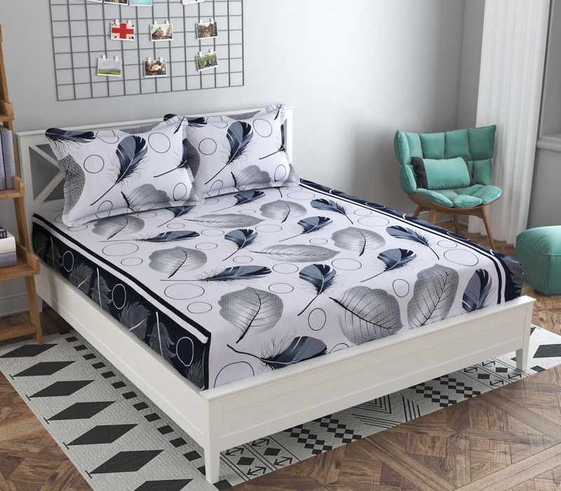 LERV'S Collection 140 TC Microfiber Double 3D Printed Flat Bedsheet  (Pack of 1, White Further)