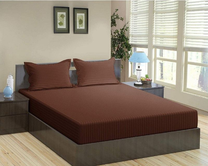 Dahlia 200 TC Polycotton Double Striped Fitted (Elastic) Bedsheet  (Pack of 1, Brown)