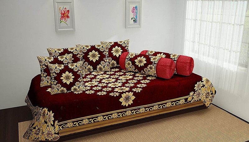 Countingbeds Chenille Floral Diwan Set  (Maroon)