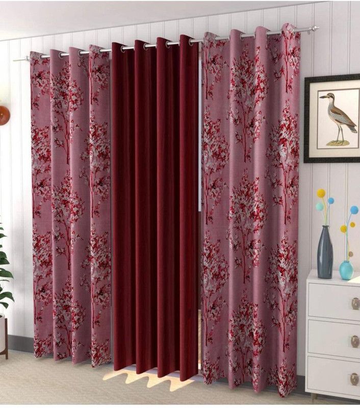 152 cm (5ft) Window Curtain  (Maroon, Pack of 3)