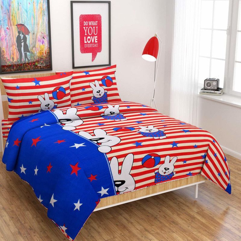 Skytex 120 TC Cotton Double Cartoon Flat Bedsheet  (Pack of 1, Red)