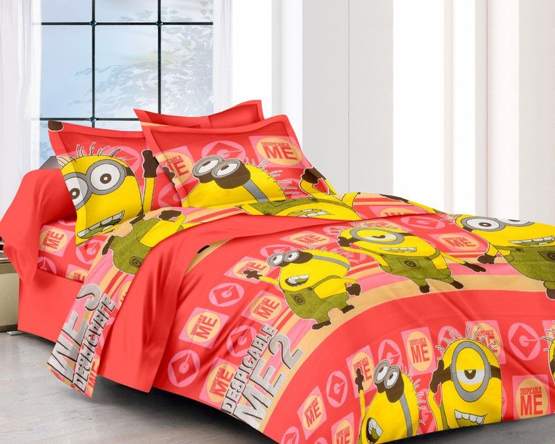 Skytex 170 TC Cotton Queen Cartoon Flat Bedsheet  (Pack of 1, Carrot)