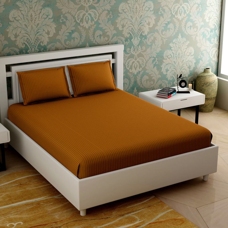 Varde 210 TC Cotton King Striped Flat Bedsheet  (Pack of 1, Mustard)