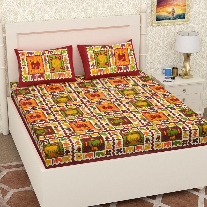 Monik Handicrafts 140 TC Cotton Double Jaipuri Prints Flat Bedsheet  (Pack of 1, Brown)