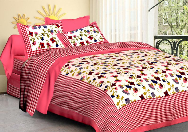 Unique Fashion 156 TC Cotton Double Jaipuri Prints Flat Bedsheet  (Pack of 1, Pink, White, Green, Brown)