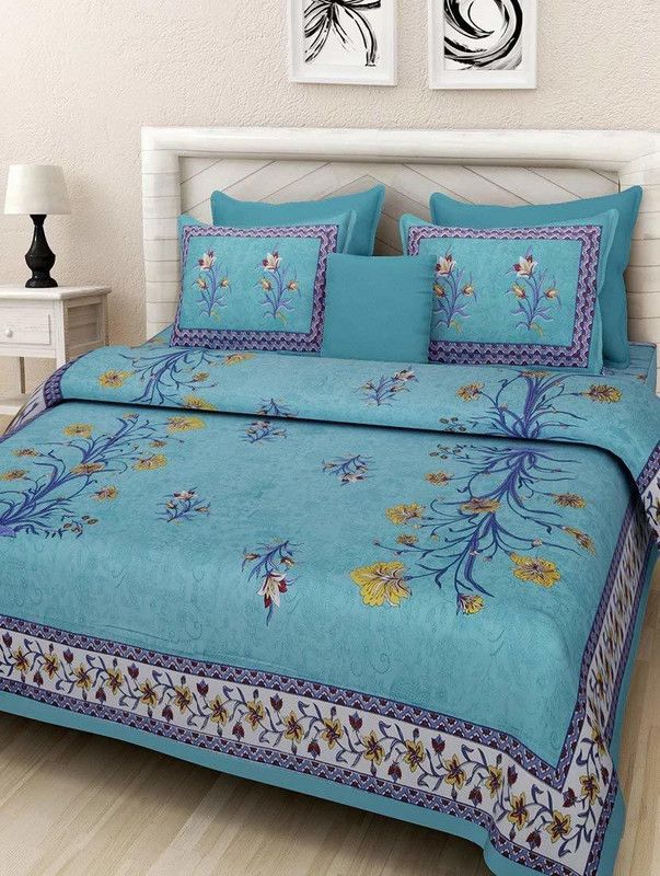 Fashion Cottage Rajasthani jaipuri Print 151 TC Cotton Double Jaipuri Prints Flat Bedsheet  (Pack of 1, Sea Green)