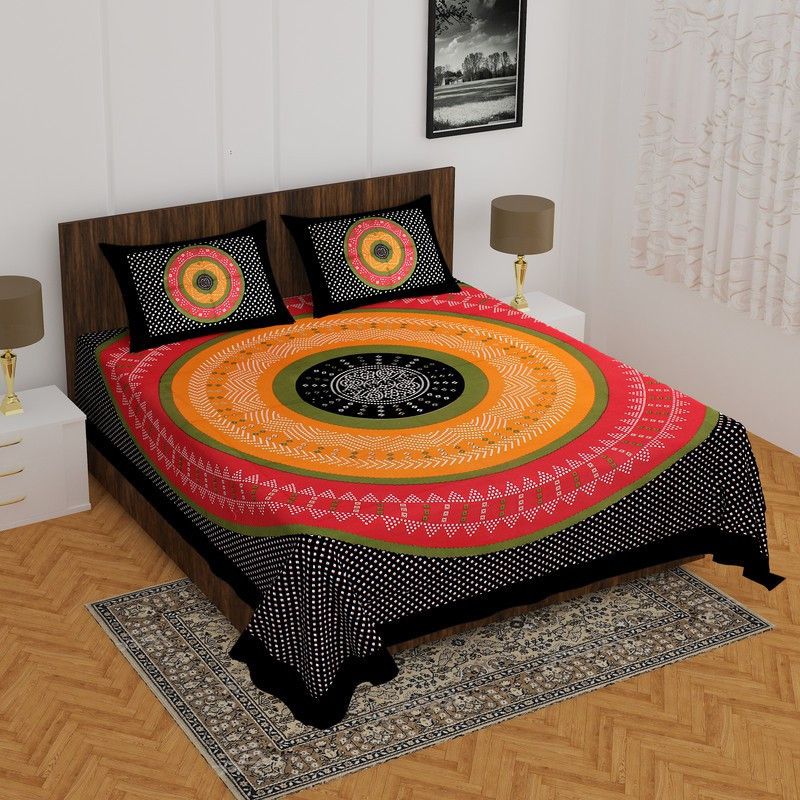 RAWAKA FASHION 260 TC Cotton Double Jaipuri Prints Flat Bedsheet  (Pack of 1, Black)