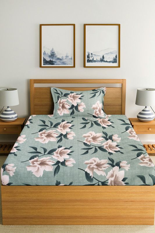 Swizier 240 TC Microfiber Single Floral Flat Bedsheet  (Pack of 1, Green)