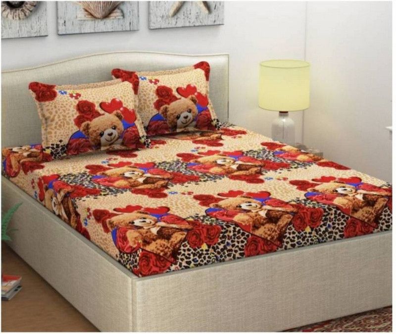 VHD 140 TC Microfiber Double Cartoon Flat Bedsheet  (Pack of 1, Red, Beige)