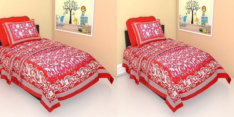 152 TC Cotton Single Printed Bedsheet  (Pack of 2, Pink, Pink)
