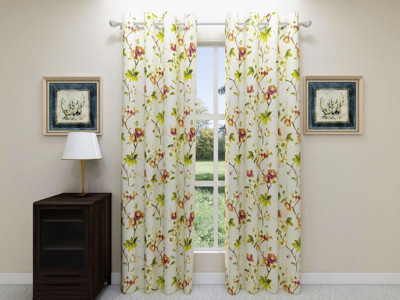 Floating Walls Furnishings 167 cm (5 ft) Cotton Blackout Window Curtain (Pack Of 2)  (Floral, Cream, Green)